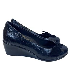 Vionic Size 7‎ Orthoheel Black Croc Embossed Leather Bow Wedge Heel Shoes (M579)